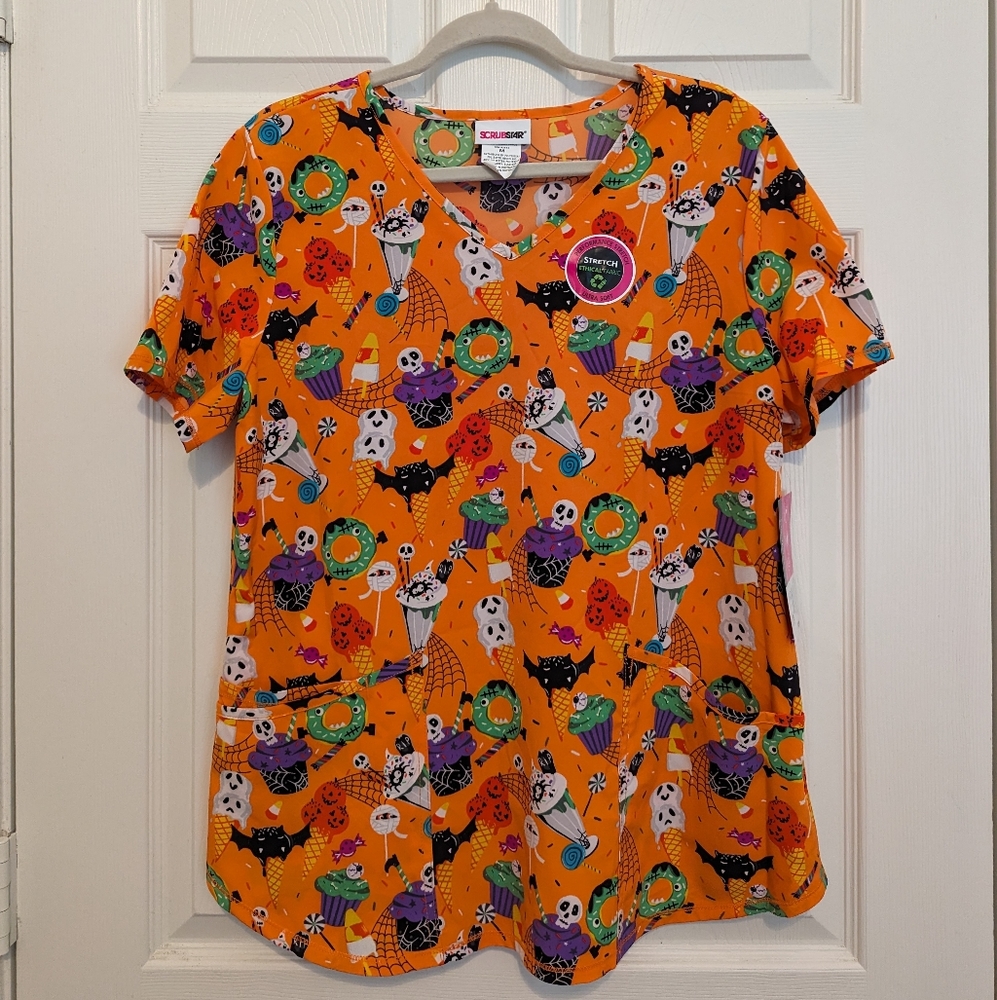 ScrubStar Medium Scrubs Cute Monsters Halloween Orange New Scrub V-neck Top New
